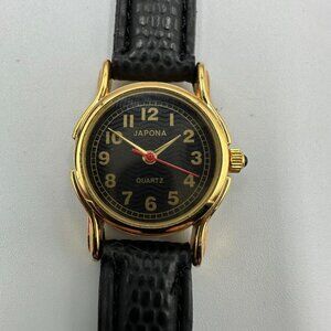 3/$30 Japona Watch Women Gold Tone Black Dial Embossed Leather Band  7.5"